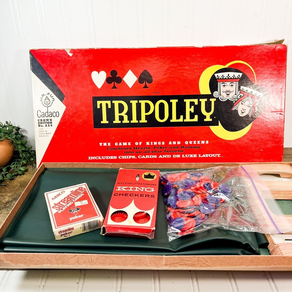 Vintage Tripoley Cadaco 1965 Crown Edition Board Game Of‎ Kings Queens Chips Mat
